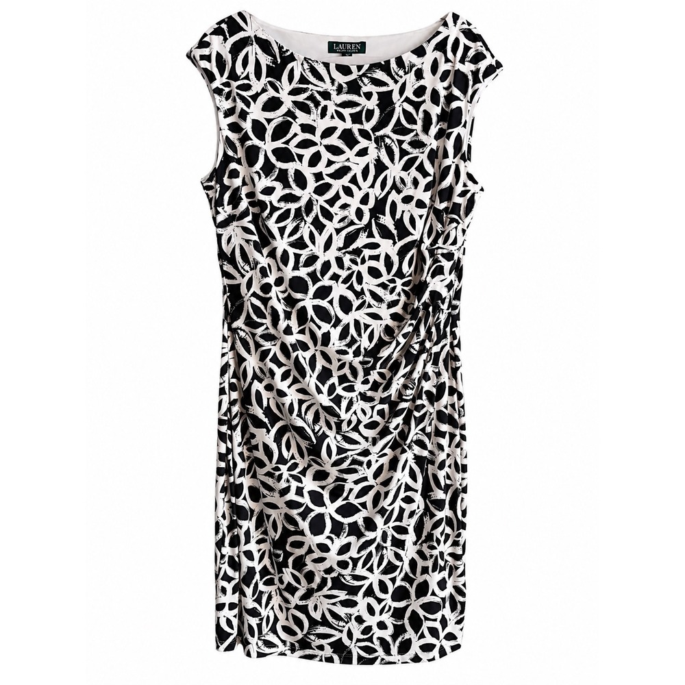 NWT Lauren Ralph Lauren Gray Off-White Ruched Sheath Dress Size 16 MSRP $134